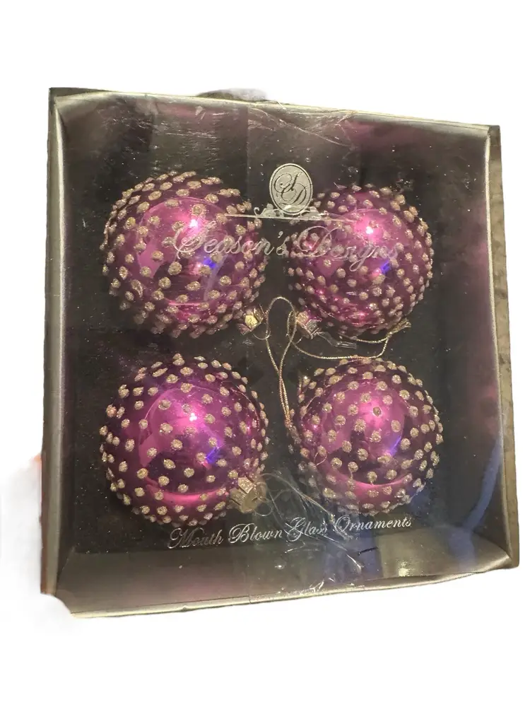 Seasons Designs Set Of 4 Hand Blown Glass Purple Christmas Ornaments 3” w/box