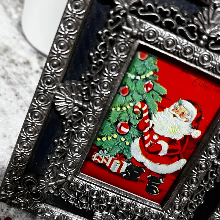 Vintage Pewter Ornate Frame Upcycled Christmas Santa Decor Holiday
