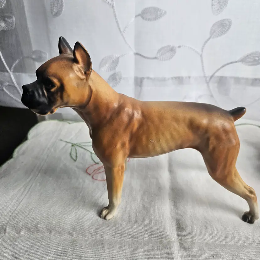 Vintage Boxer Dog Ceramic Figurine 7x6" Japan Tan White