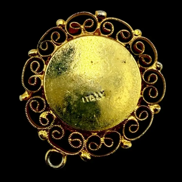 Floral Micro Mosaic Pendant Yellow Blue Details Gold Tone Italy 1 1/4"