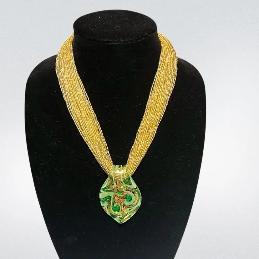 Stunning Golden Seed Bead Necklace w/ Fused Green Glass Pendant Dichroic & Gold Shimmer | 18”