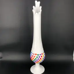 Vintage Fenton Hand-Painted Rainbow Hobnail Milk Glass Swung Glass Vase