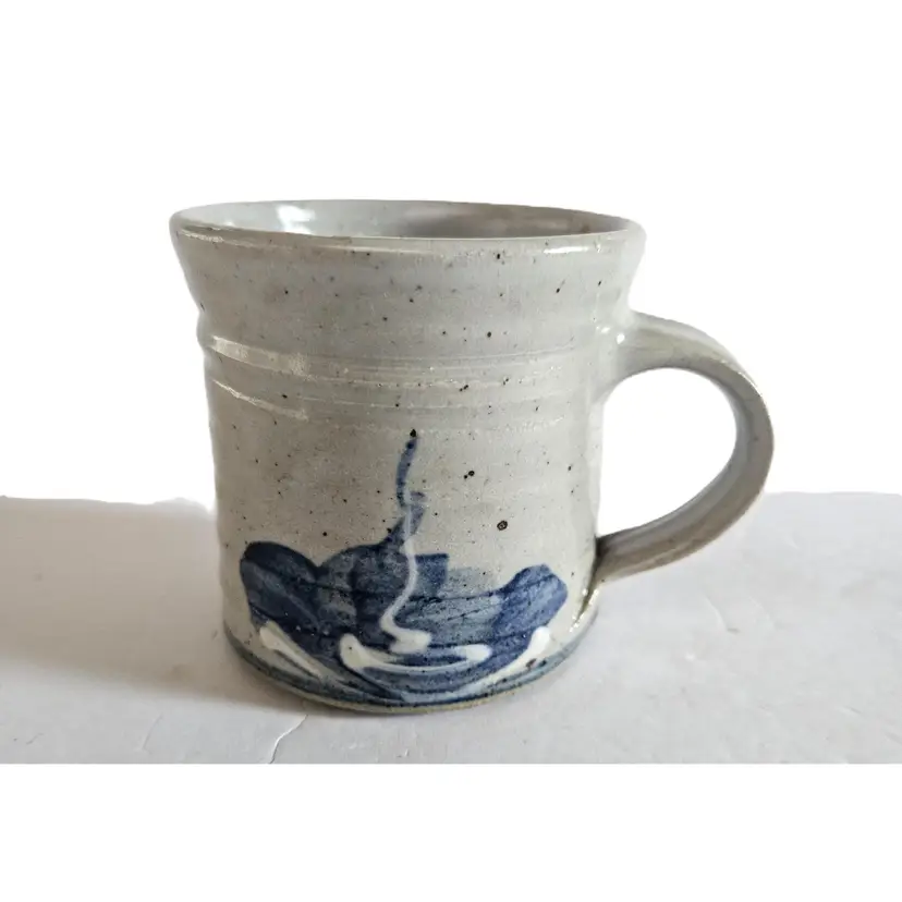 #01 - 1996 Lynn Lais Gray with Blue and White Drip Salt Glaze Design Pottery Mug