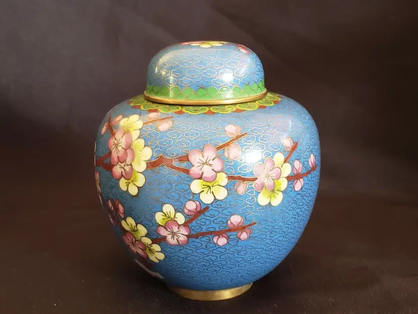 Cloisonné Covered Ginger Jar or Urn BUTTERFLY & FLORAL 5” approximately Vintage