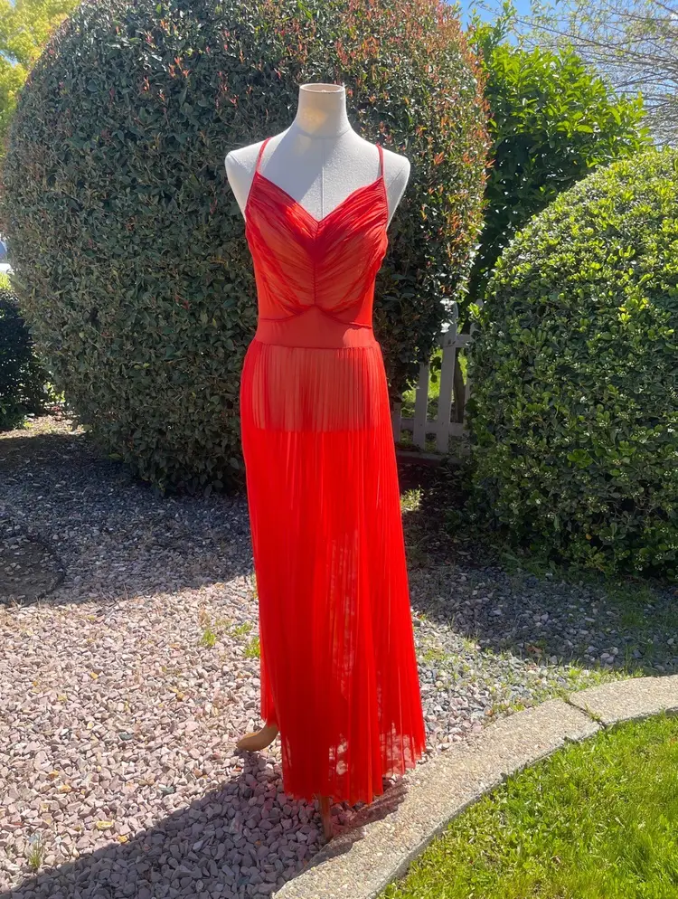 HTF  Faerie SurLock 1950’s Fire Red Orange Pleated Sheer Grecian Nightgown size 36 10/12 pin up Hollywood Regency Starlet Gown Dress