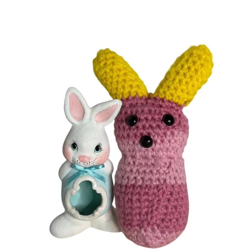 Vintage Hand Painted Ceramic Figurine Sweet Bunny Aqua Hollow Egg Belly Ready for Filling & Pink & Yellow Crochet Bunny Easter
6.25” T & 7.75” T