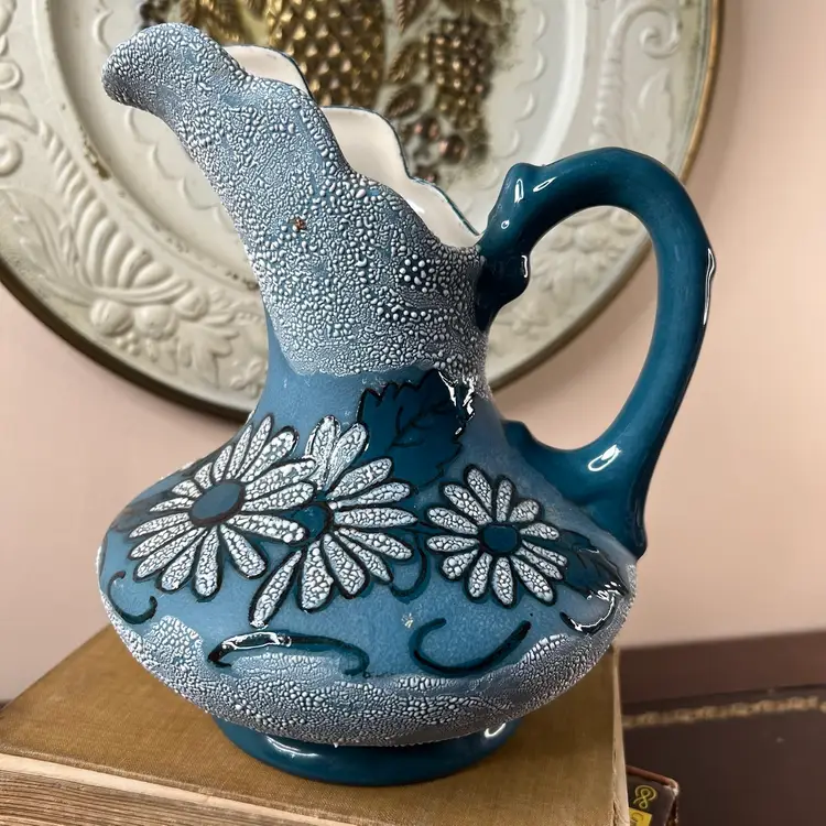 005 Teal/Aqua 1975 Enameled Daisy Picture Ewer 8.25" X 7"