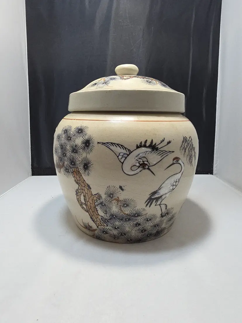 Vintage Asian Crane Ginger Jar Lidded Pottery 8.5” Hand Painted
