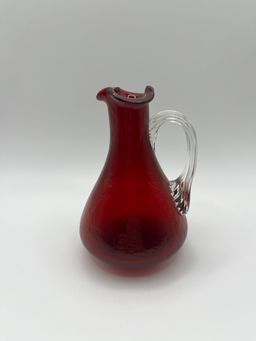 Vintage Red Crackle Pilgrim Glass Blown w/ Clear Handle Pitcher