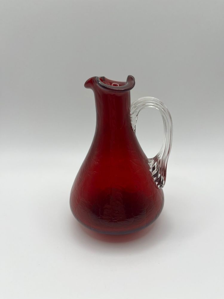 Vintage Red Crackle Pilgrim Glass Blown w/ Clear Handle Pitcher