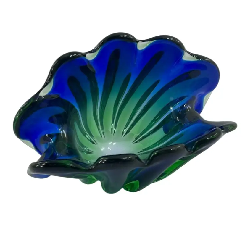 Vintage Seguso Murano Green To Blue Dual Base Shell Dish Italy
