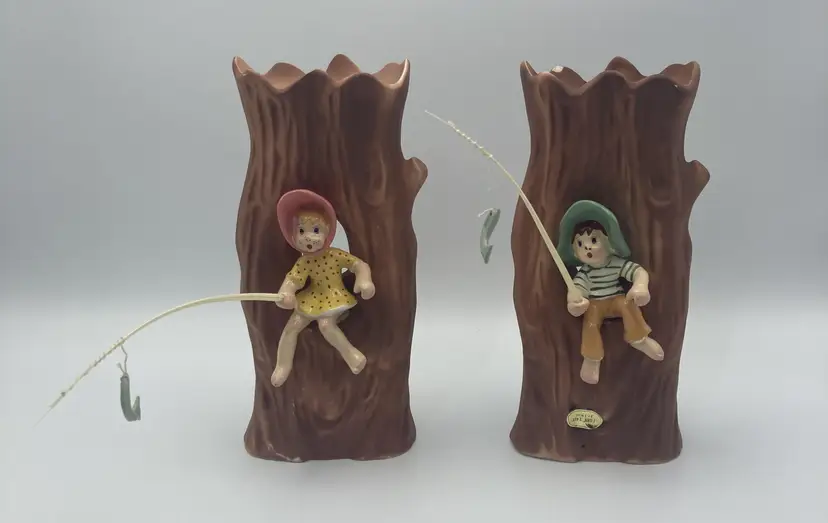 Vintage Enesco Boy & Girl "Fishin Easy" Vases with OG fishing poles