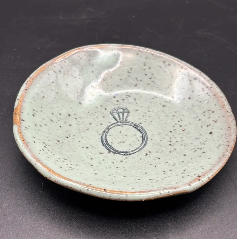 Studio Crafted Ceramic Ring Dish, Green, Signed “Mud & Maker”