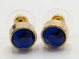 Gold Tone Blue Glass Stone Pierced Stud Earrings