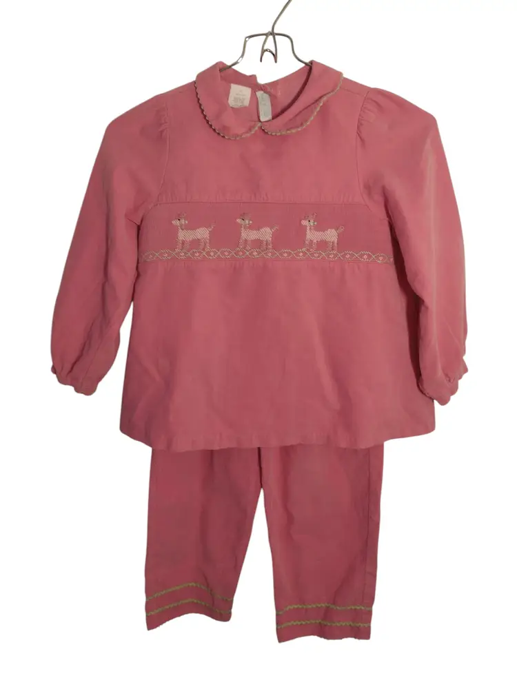 Vive La Fete Smocked Poodle Corduroy Pants Set Size 6X Salmon Pink Vtg Peter Pan