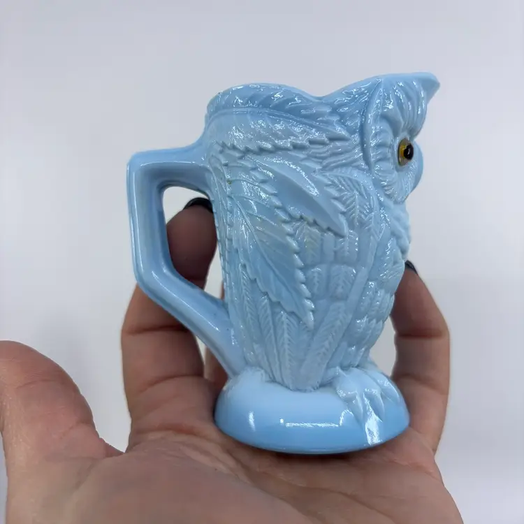 Antique Blue Slag Owl Mini Pitcher - Bryce Higbee Attributed 3.25”
