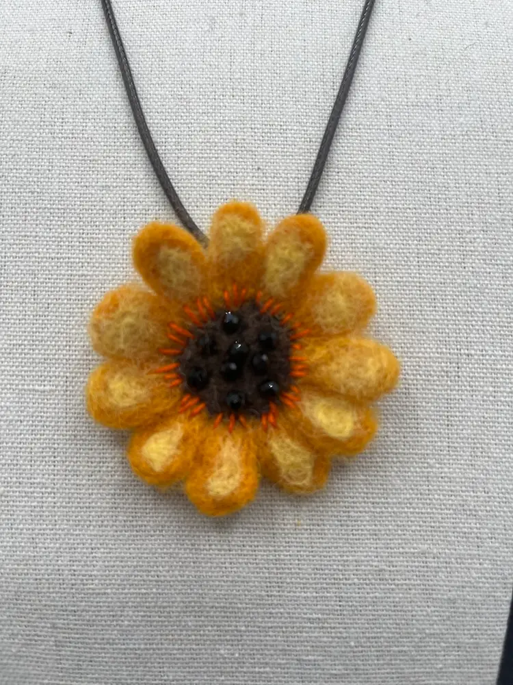 Made By Me Needle Felted Wool Sunflower Pendant 2” On 18” Cord