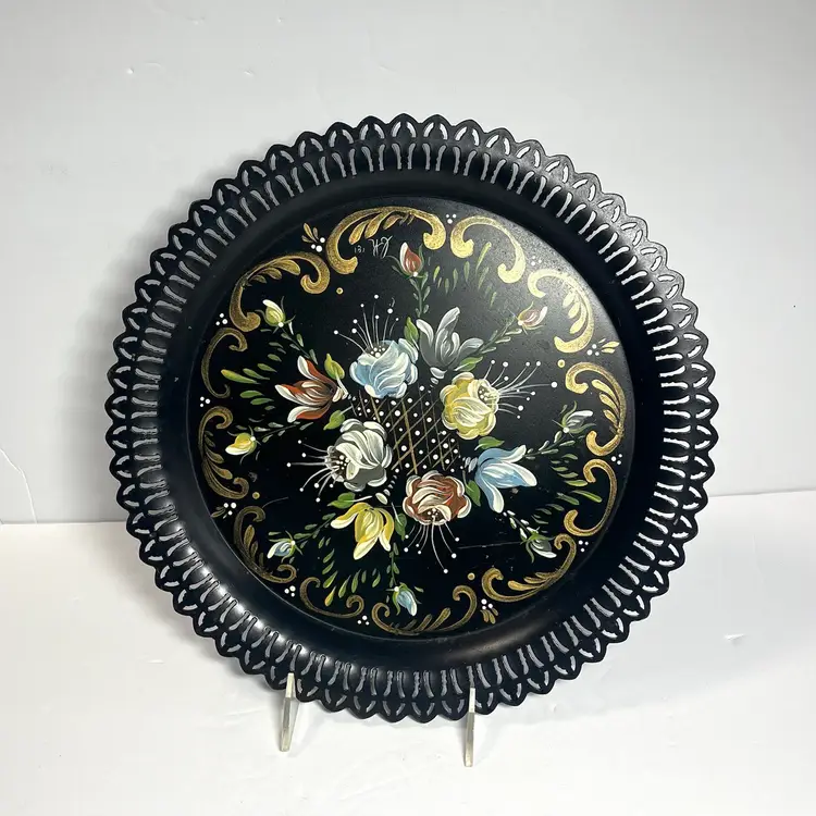 Vintage 12" Round Hand Painted Black Metal Decorative Pan. Signed "bh 81"