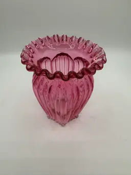 Vintage Fenton Cranberry Ribbed Glass Vase W/ Ruffled Edge And Opalescent Effect