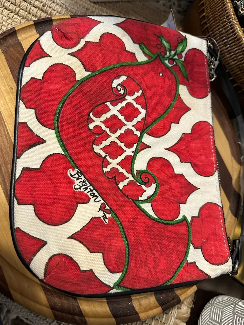 Brighton Red Bird Print Canvas Crossbody Bag Love Dove Pouch Purse Tassel