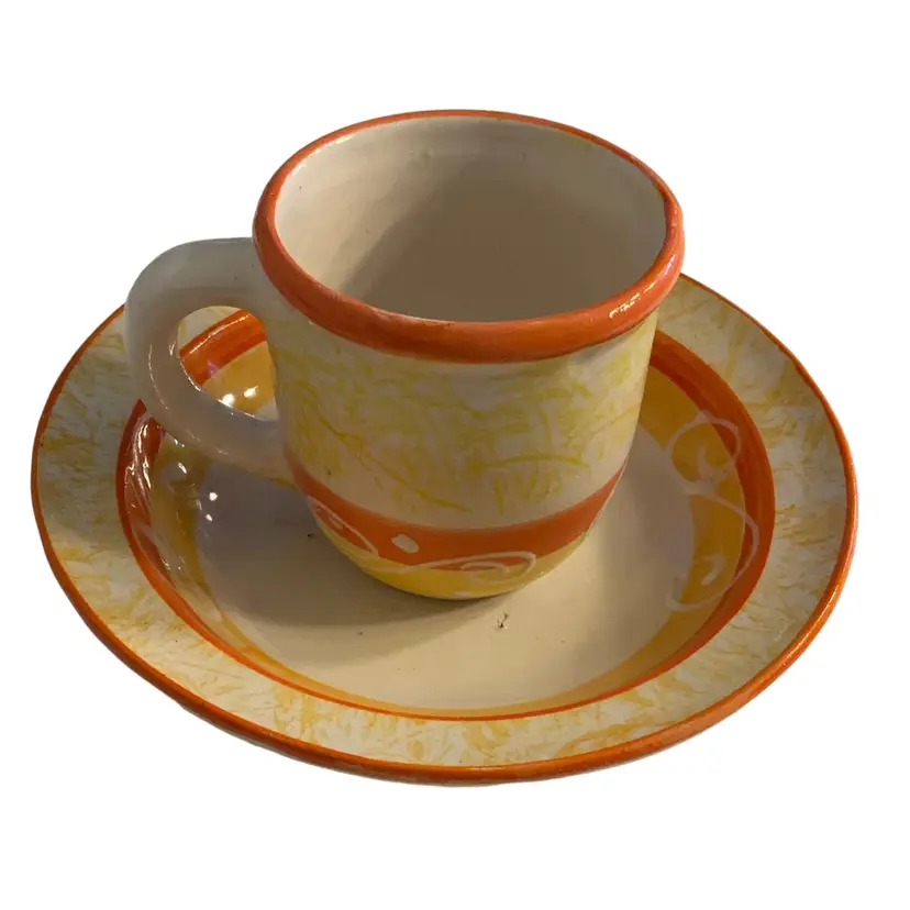 Sunshine Yellow And Orange Cup And Saucer Hand Made White Clay Pottery 12 Oz