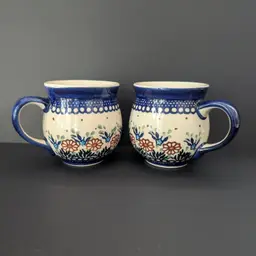 Manufaktura Boleslawiec Polish Pottery Floral Coffee Mugs 16 Oz Set Of 2