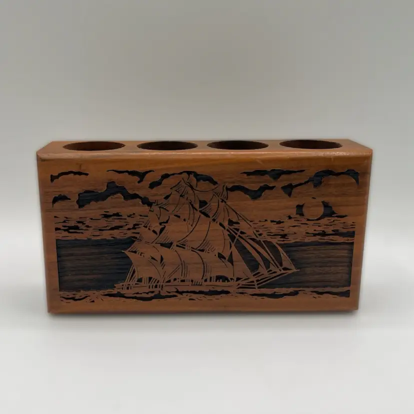 Wooden Laser Engraved Desktop Pencil Pen Brush Holder Sailing Ship