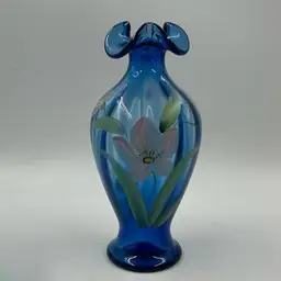 Vintage Twilight Blue Fenton Glass Vase Hand painted With A Pink Flower. Signed On The Bottom 8.5” T