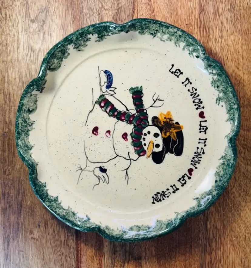 Primitive Ruffled Speckled Pottery Snowman Pie Plate Dish Let It Snow Miller