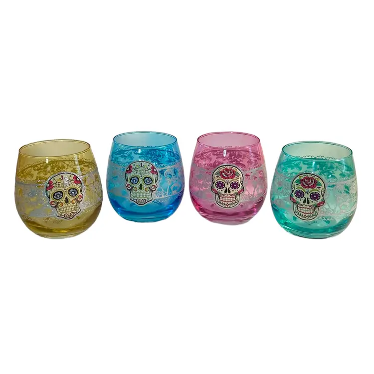 4 Multicolor Glitter and Lace Sugar Skull Wine Glasses