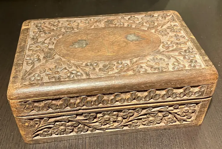 Vintage Carved Wooden Box with Hinges Keepsake Box