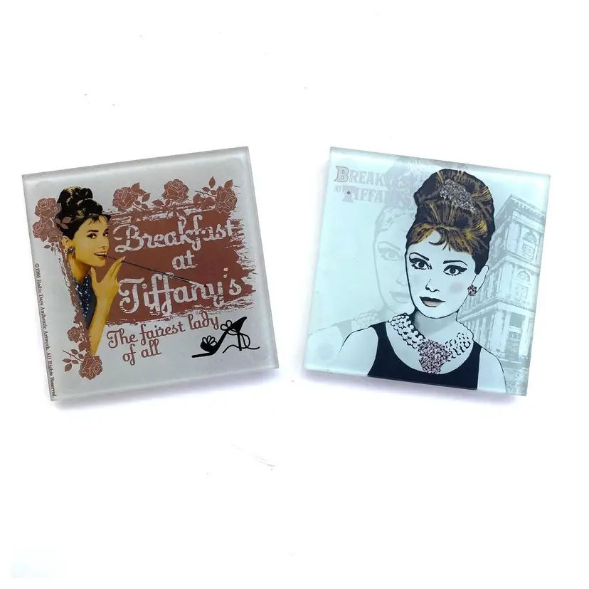 VTG Breakfast at Tiffany's Audrey Hepburn Set of 2 Glass Coasters
