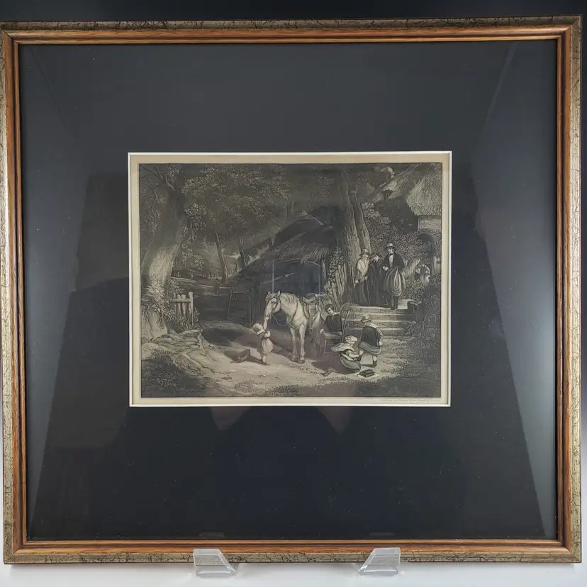 Antique 1852 Print Engraving Children & Pony by Carl Mayer Custom Framed Art Picture Horse