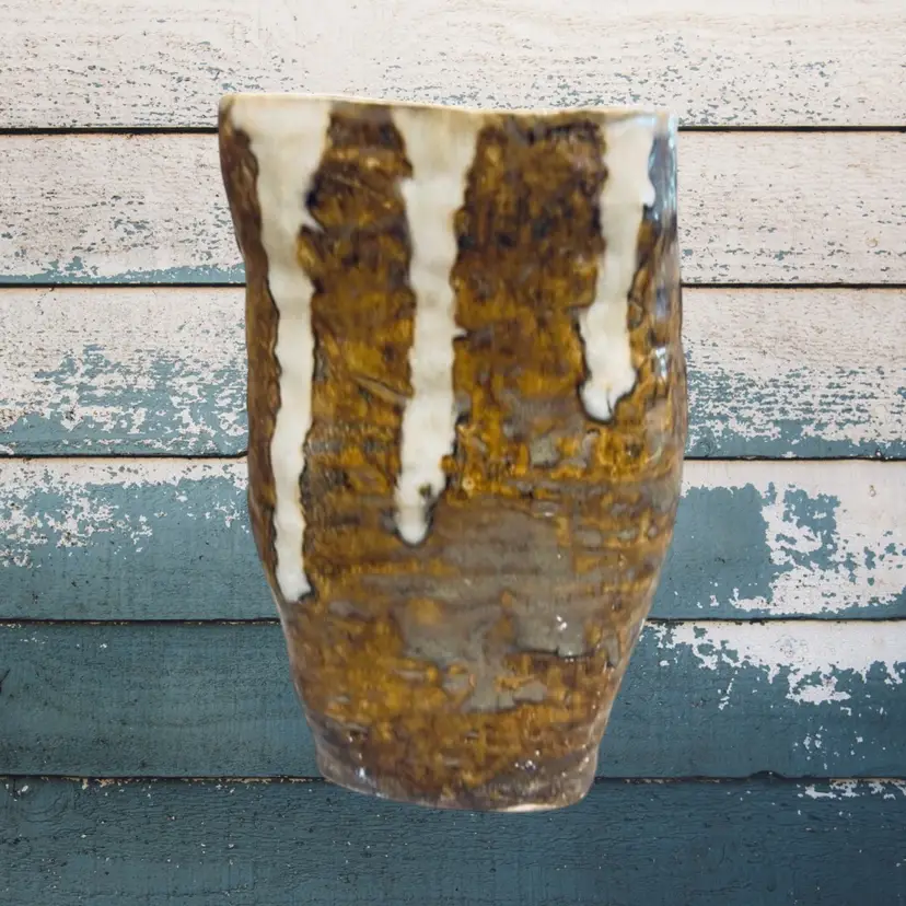 Vintage Studio Pottery Drop Glaze Neutral Brown Beige Off white Flower Vase Signed 6” Planter Cozy Cottage Farmhouse