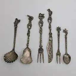 Antique Montagnani Italy Ornate Small Serving Utensils Roman Figures Set of 6