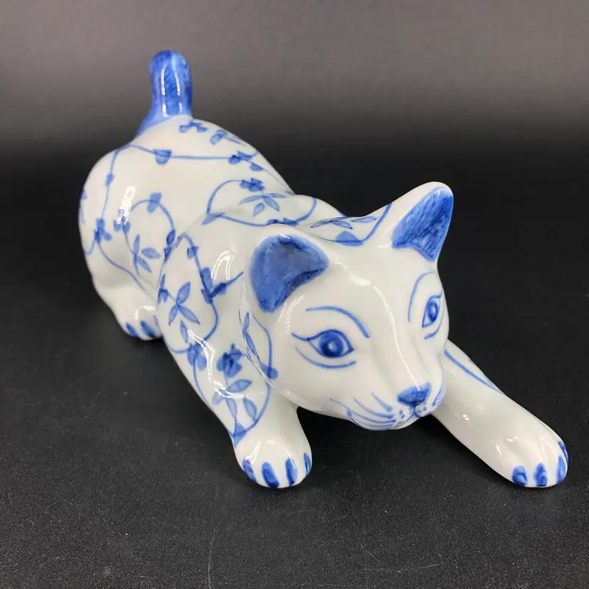 Blue and White Floral Andrea by Sadek? Ceramic Cat Figurine