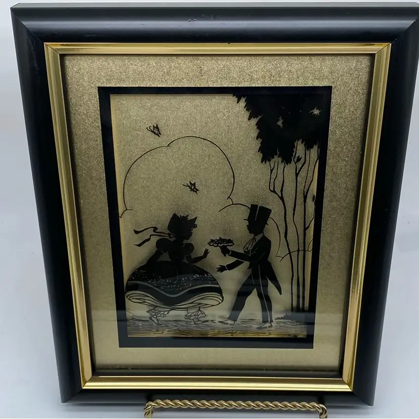 #2413 Reverse Painted Silhouette Framed Artwork Gold Background Professionally Framed.