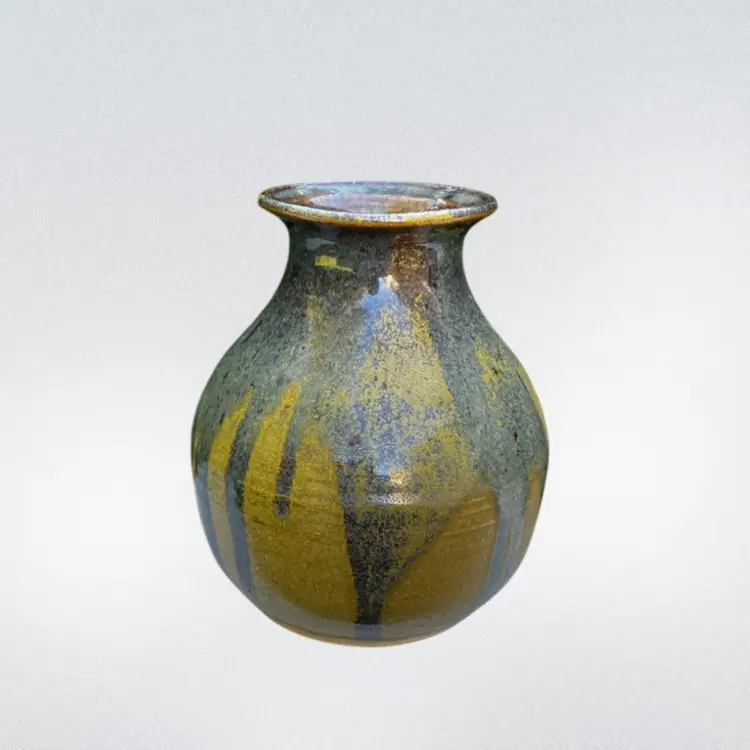 Vintage Gerald Patrick Green And Blue Pottery Vase 6.25in Tall