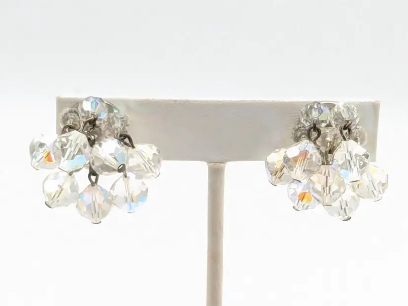 Vintage Aurora Borealis Cluster Clip-On Earrings Silver Tone