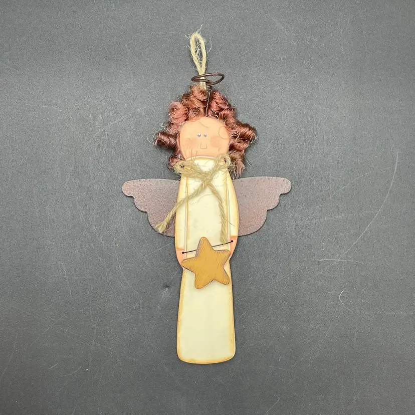 Wooden Angel Primitive Style Christmas Ornament Metal Wings Halo Vintage