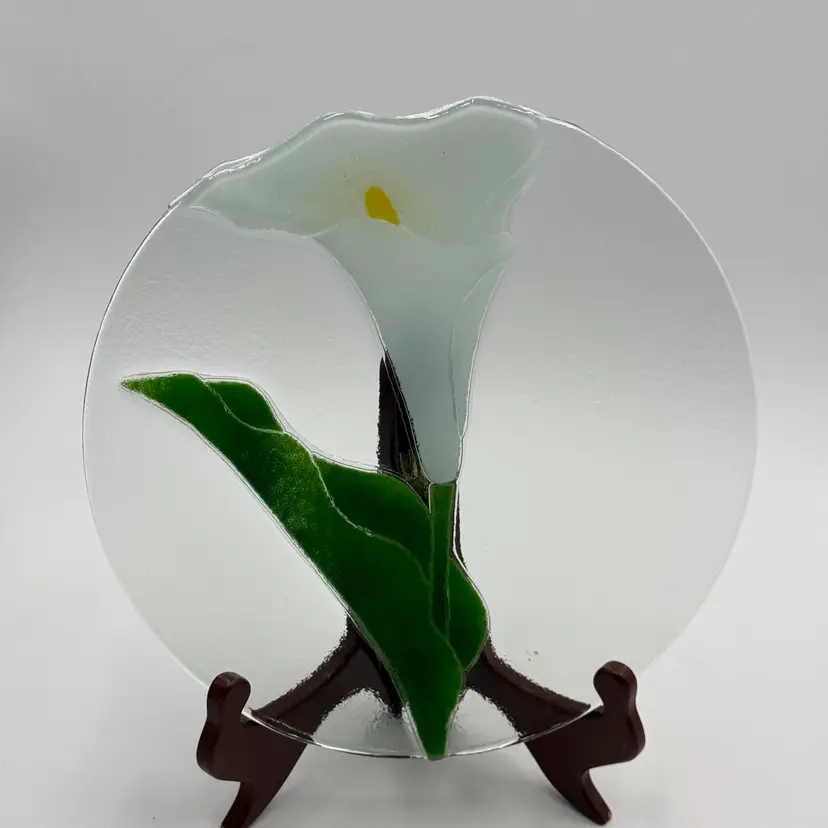 Fused Art Glass Floral Calla Lily Plate 10" Handcrafted Vintage Artist Signed