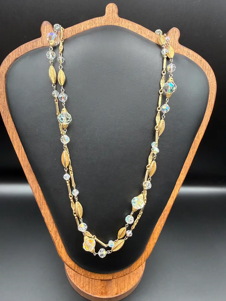 Vintage 50 Inch Aurora Borealis Glass Necklace with Gold Tone Textured Spacers