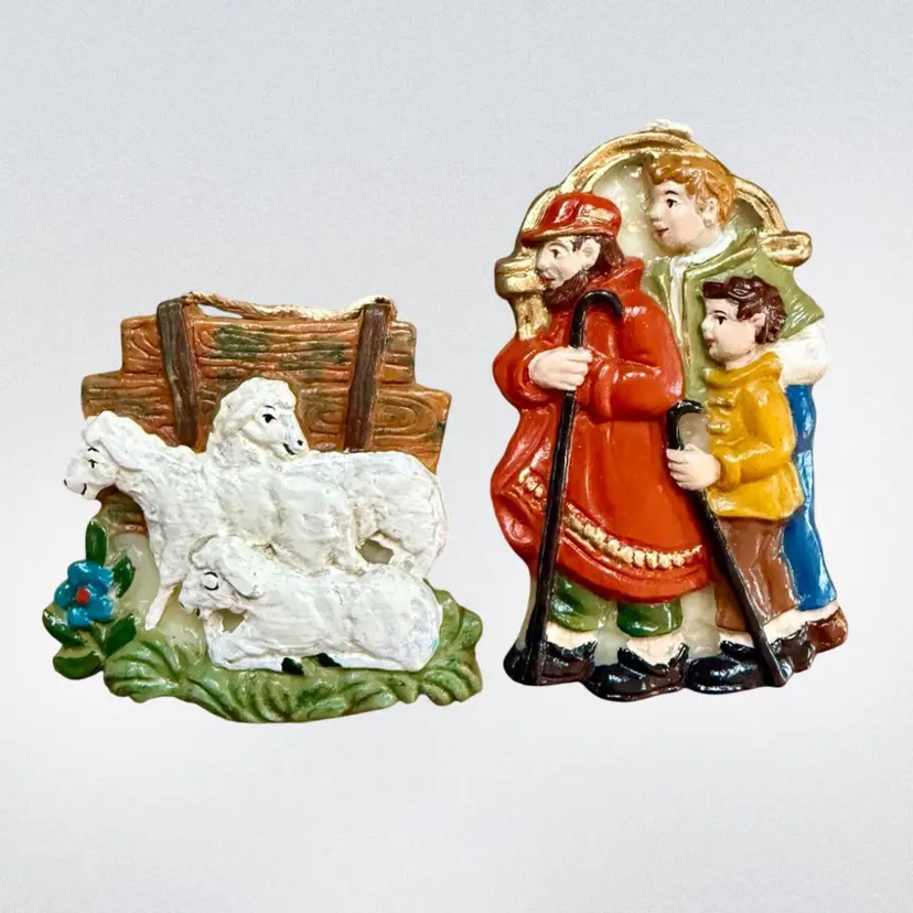 Wax Ornament Pair Cast From Antique German Mold | Shepherds & Three Lambs 1860