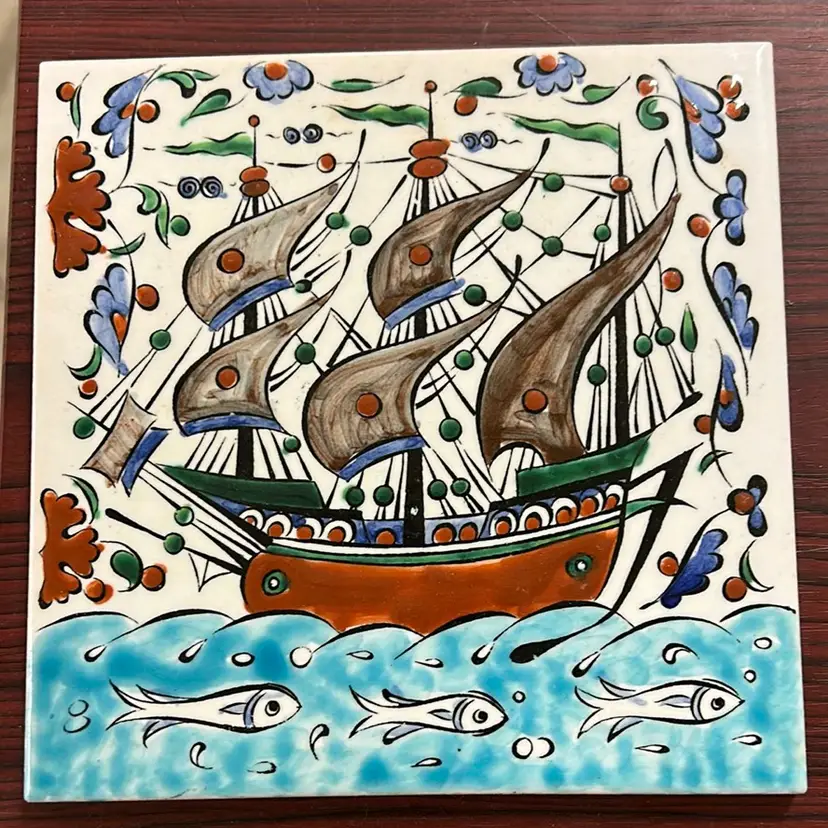 Vintage Handmade Smaltotechniki Ceramik Moschato Greece Tile Viking Fish