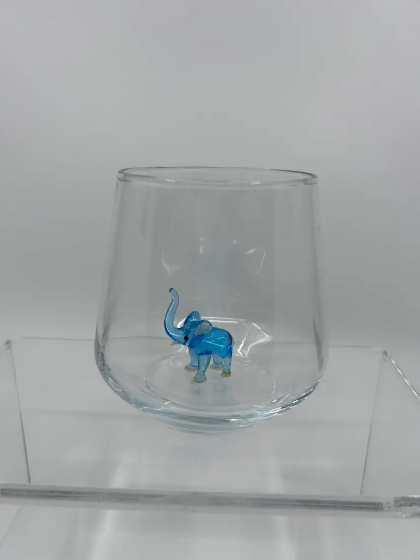 Hand Blown Blue Glass Elephant Figure In Drinking Glass -Stemless Wine -Tumbler