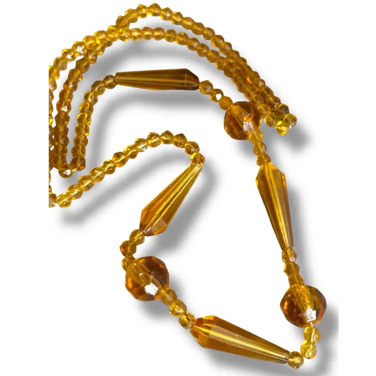 Antique Art Deco Czech Hand Carved Amber Colored Glass Bead Necklace 26” ca. 1920s