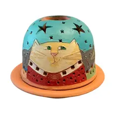2-piece Terra Cotta Cat And Stars Fairy Lamp / Tea Light Candle Holder 4” X 5 1/4”