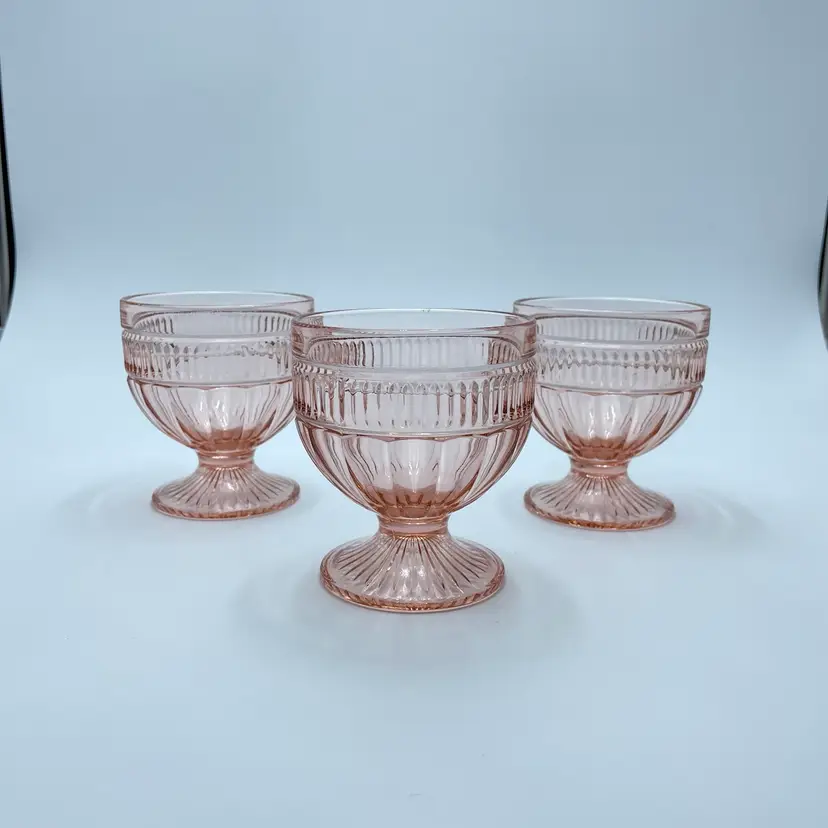 Set of 3 Anchor Hocking Pink Annapolis Rosewater Footed Sundae Glass Dishes