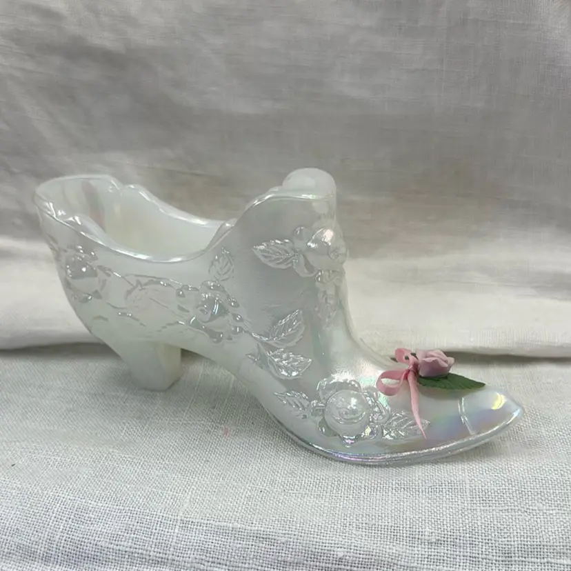 Fenton Cabbage Rose, Iridescent Shoe With Satin Ribbon & Porcelain Rose And Leaf On Toe