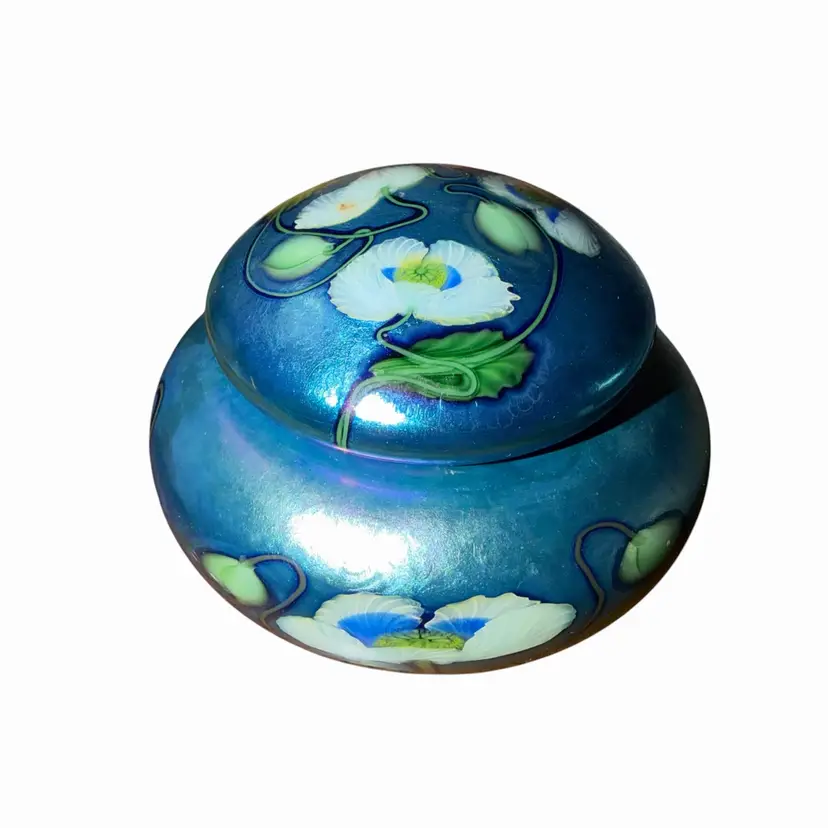 Extremely Rare Lundberg Studios 2003 Daniel Salazar Floral Leaves Aurene Art Glass Jewelry Jar Vanity Box